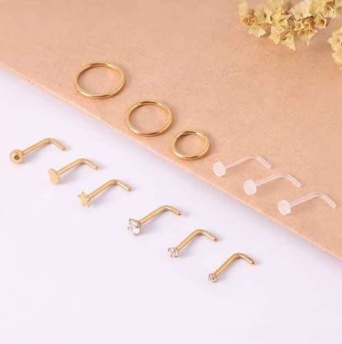 12PCS Hypoallergenic 14K Gold Plated 18G Nose Rings Studs Set for Women Men:3Pcs nose rings & 6Pcs L Shaped Nose Studs & 3Pcs Clear Nose Studs Gold/Silver 316L Surgical Stainless Steel Nose Piercing Jewelry thumbnail 5