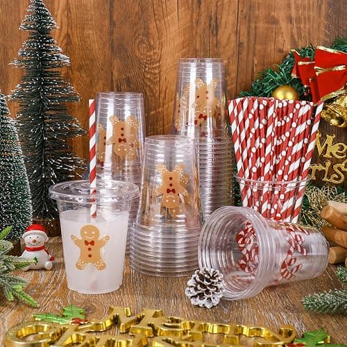 JarThenaAMCS 60Pcs Christmas Plastic Cups with Lids Straws Drinking Cup 12oz Gingerbread Man Candy Cane Disposable Cups for Xmas Winter Holiday thumbnail 2