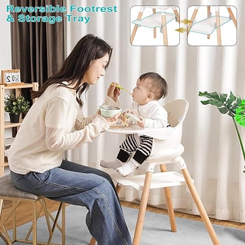 Komcot High Chair, 6 in 1 Wooden Convertible High Chairs for Babies and Toddlers, Booster Seat with Double Tray & Reversible Footrest Baby Highchair, 5-Point Harness Baby Feeding Chair, Beige thumbnail 4