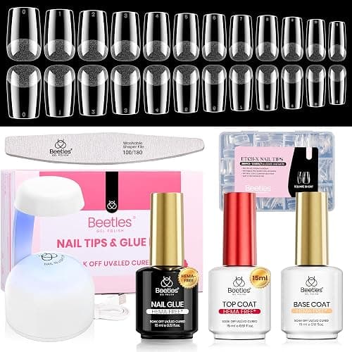 Beetles Gel Nail Kit Etch-X, Square Short, 288pcs 12 Sizes Nail Tips, 3Pcs 15ml HEMA-Free Nail Glue Top Coat & Base Gel Set, with Mini Lamp, Press On Nail, Long Lasting Extension DIY Set at Home - Image 1