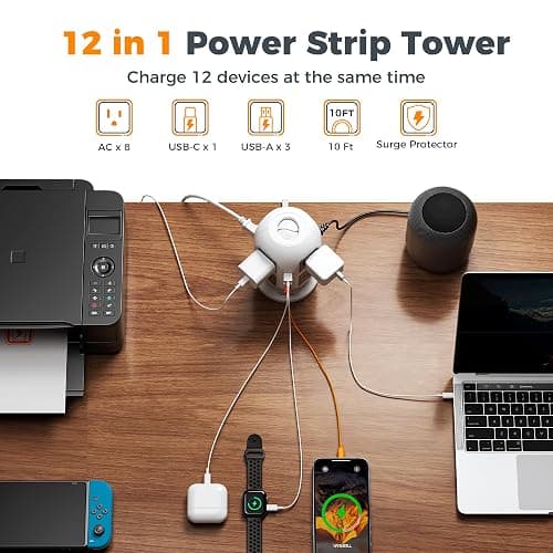 TESSAN Tower Surge Protector Power Strip, 10 ft Long Flat Extension Cord | 8 AC Outlets with 4 USB Ports (1 USB C), Charging Station with Surge Protection, for Home Office Dorm Room Essentials thumbnail 4