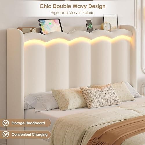 HIFIT Upholstered Full Size LED Bed Frame with Charging Station and 2 Storage Drawers, Beige Velvet Platform Bed Full Size, Camas Full with Double Wavy Wingback Headboard, No Box Spring Needed thumbnail 7