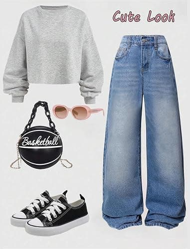 Fulihug Jeans for Girls Baggy Wide Leg Cute Bow High Elastic Waisted Denim Pants Y2K Boyfriend Skater Streetwear 7-14Y thumbnail 5