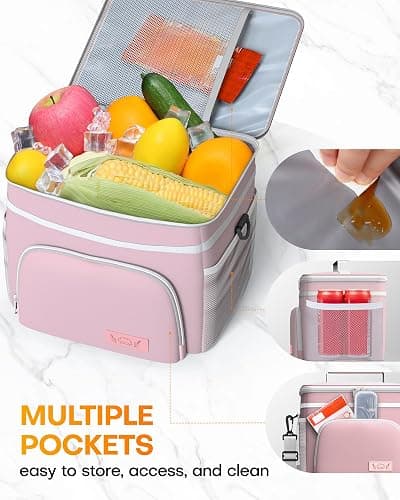 HOTOR Insulated Lunch Box for Men & Women - Leak-Proof Cooler Lunch Bag with 4 Pockets, Adjustable Strap, Ideal for Work, Picnic, Travel - Medium, Light Pink, 10.2"×6.9"×8.5" thumbnail 5
