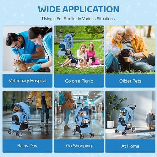 ZENY Foldable Pet Stroller, Cat/Dog Stroller with 4 Wheel, Pet Travel Carrier Strolling Cart with Storage Basket, Cup Holder (Blue) thumbnail 7