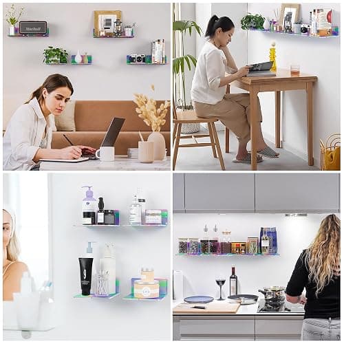 Sezanrpt 6 Inches Iridescent Small Wall Shelves, Acrylic Floating Shelf for Small Space, Acrylic Display Ledges for Funko Pop Figures, Home Décor, Plants, Smart Speaker, Digital Clock, 4 Pack thumbnail 6