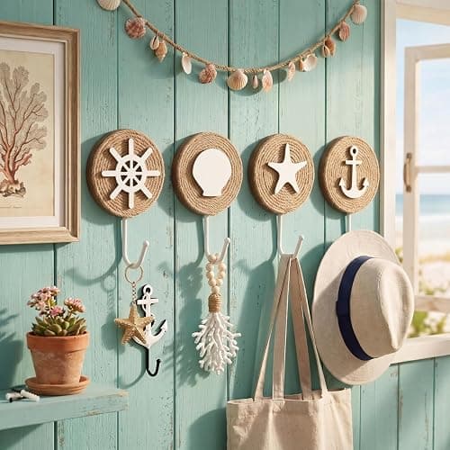 AceOrbit 4 Pcs Home Beach-Themed Towel Hooks Wall Hooks Beach Towel Hook Decorative Wall Hanging for Clothes Towels Hats Bag(Nautical) - Image 1