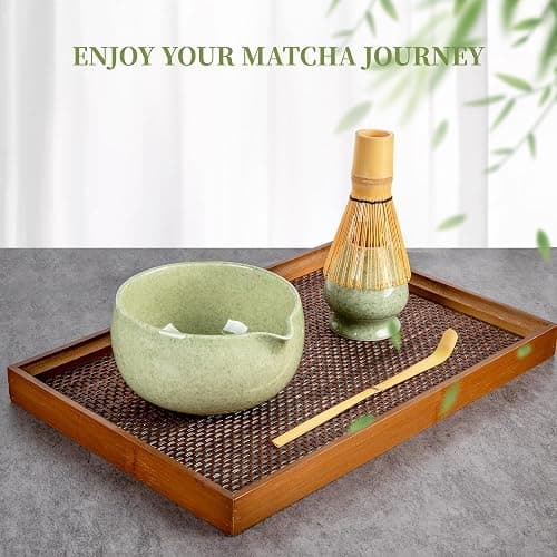 YIBO Matcha Whisk Set With Bowl, Ceramic Matcha Making Kit Includes Bamboo Whisk (Chasen), Holder Stand, Powder Starter Sifter, Scoop, Measuring Spoon & Cup Tea Tools For Ceremony (Mottled Green) thumbnail 7