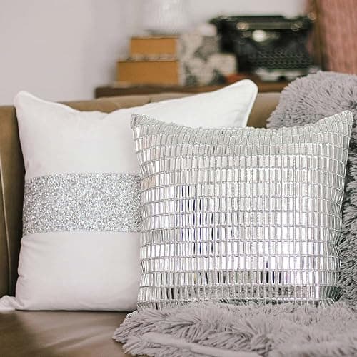 Fifth Avenue Pillow, Velvet Backing, Glass Stones, Dramatic, Feather Insert, for Sophisticated Luxury Home Decor, Silver, 16", Sold Individually thumbnail 5