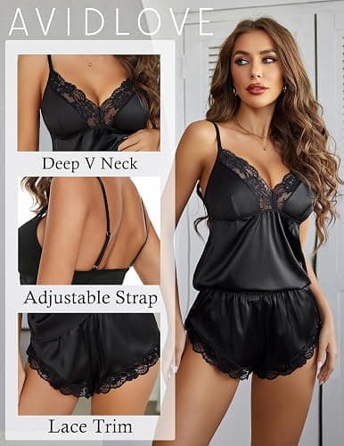 Avidlove Satin Pajamas Set Womens Lace Sleepwear Sexy Lingerie Cami Shorts Set S-XXL thumbnail 3