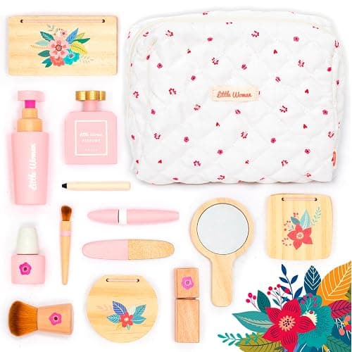 UMU® Wooden Pretend Makeup Kit for Toddlers – Realistic Toy Beauty Set for Girls with Lipstick, Mirror, Perfume, Powder & Cosmetic Bag – Play Makeup for Kids Ages 3 4 5 6 - Image 1