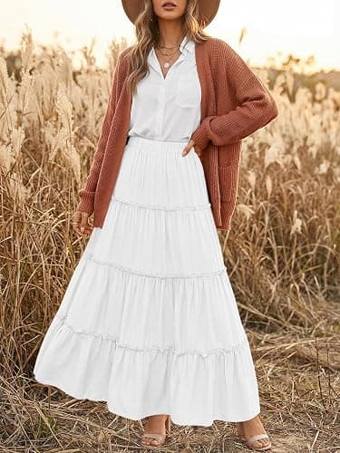 Trendy Queen Long Skirts for Women Boho Maxi Skirt Winter Swing Tiered A-Line Elastic High Waist Dress with Pockets Fashion thumbnail 2