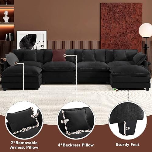 Ihanherry U-Shaped Modern Sofa 146" Modular Sectional Cloud Couch with 2 Ottoman, 6-Seat Chenille Deep Seat Sofa with 6 Pillows for Living Room, Black thumbnail 6