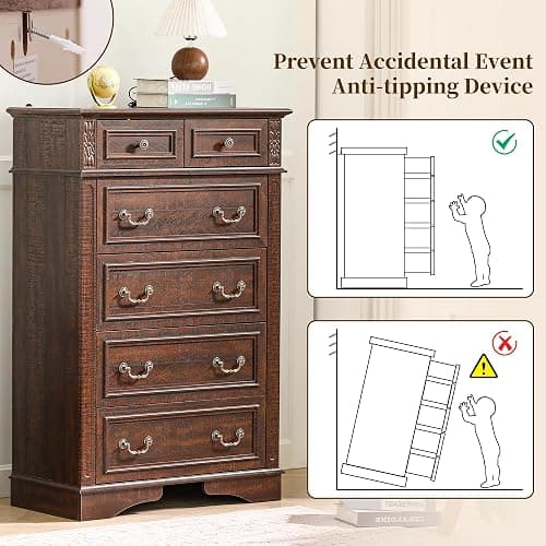 3 Pieces Farmhouse Dresser Nightstand Sets Chest of Drawers for Bedroom | 7-Drawer 55" W Dresser & 3-Drawer Nightstand Sets Rustic Wood Bedroom Furniture Set for Home Hallway Dark Brown thumbnail 5