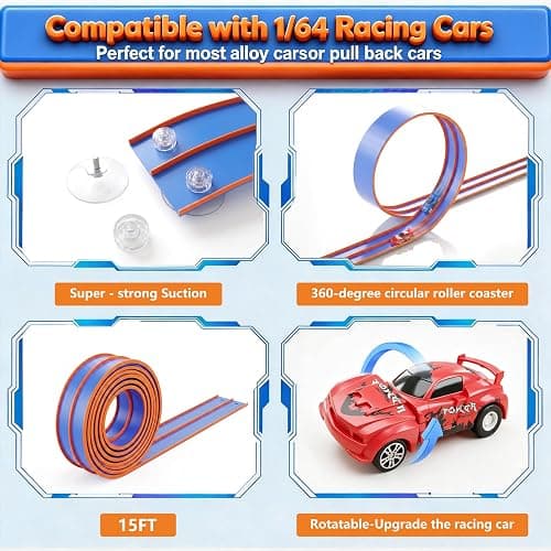 Flexible Tracks 15 Ft Flex Race Car Track for Kids Toy-DIY Car Track Set with 1/64th Rebound Cars Portable Rolls Up Race Tracks with Strong Suction Cups-Great Gifts Toys for Boys Girls Ages 3+ thumbnail 3