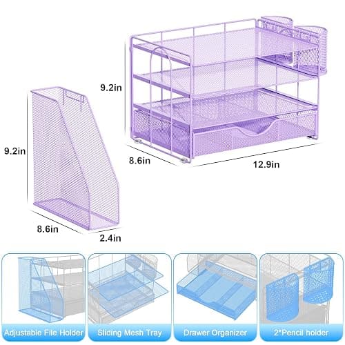 gianotter Desk Organizers and Accessories with File Holder, 4-Tier Desk Accessories & Workspace Organizers with Drawer and 2 Pen Holder, Paper Organizer for Office Supplies (Purple) thumbnail 3