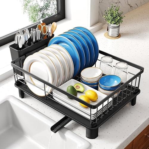 SNTD Dish Drying Rack - Small Dish Rack for Kitchen Counter, Stainless Steel Dish Drainer with Utensil Holder and Drainboard, 11" W x 15" L (Black) - Image 1