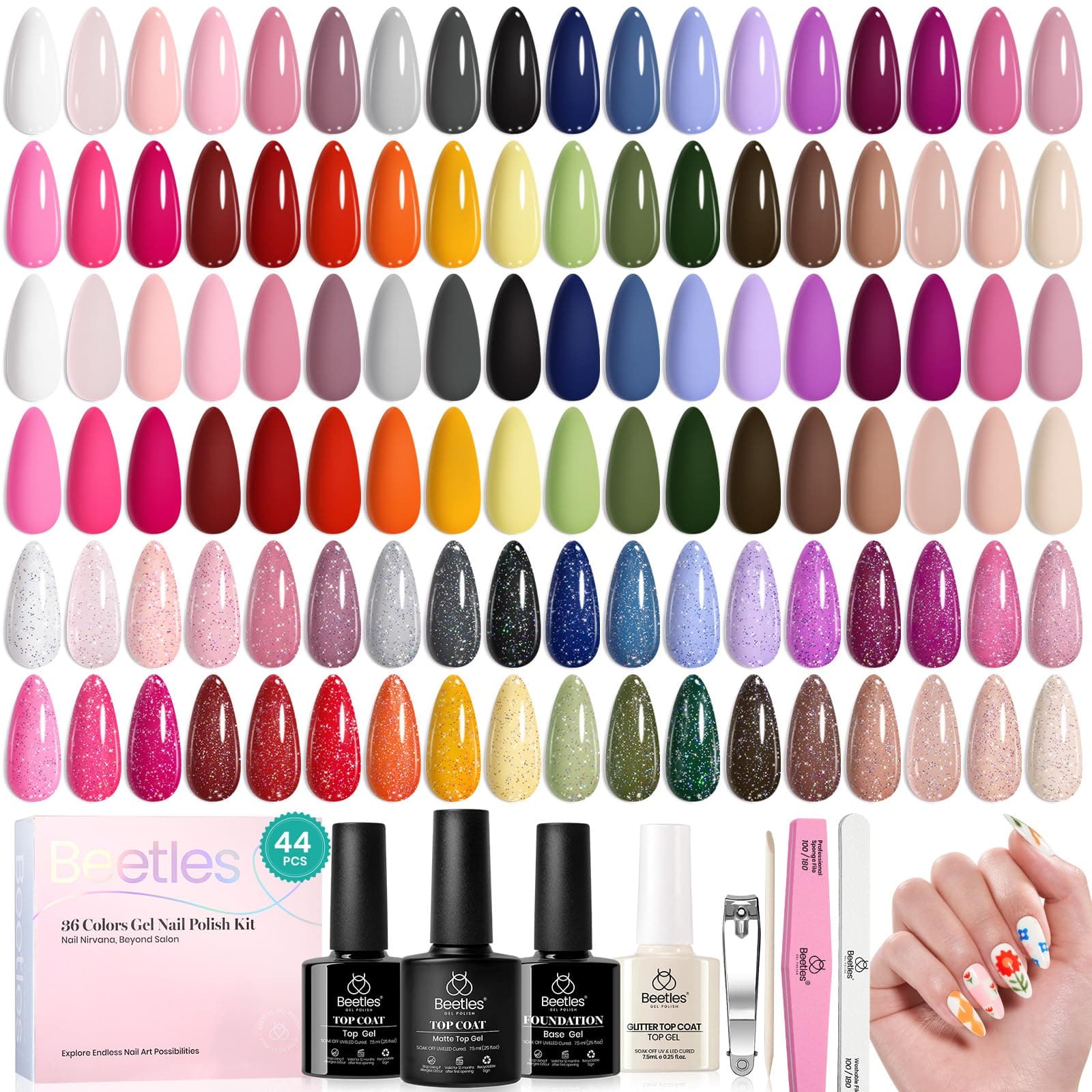 beetles Gel Polish 44 PCS Gel Nail Polish Set-36 Colors Gel Polish Set Base Coat Glossy Matte & Glitter Top Coat Colorful Muse Collection Nude White Pink Red Blue Gel Gifts for Women Summer thumbnail 9
