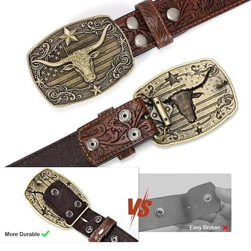 SANSTHS Western Cowboy Belts for Men Women, Mens Western Belt Bull Buckle Country Belt Cowboy Leather Belt for Jeans thumbnail 3