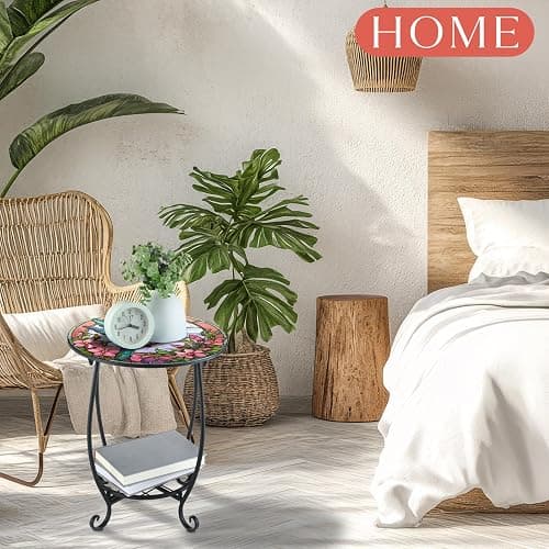 Cinnvoice Outdoor Side Table Round Small Mosaic Patio Accent Indoor End Plant Metal Coffee Tea Table for Yard Porch Garden Patio Living Room, Bedroom(Hummingbird Style,14 Inch) thumbnail 5