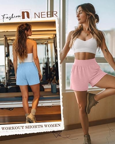 Neer 3 Pack Women's Athletic Shorts Lightweight 5'' High Waisted Elastic Wide Leg Yoga Lounge Casual Workout with Pockets thumbnail 2