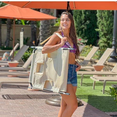 Face Down Tanning Chaise Lounge Chair - Face & Arm Holes - 2 Legs Support - Polyester Material – Backrest Positions - Head Rest Pillow - Beach or Home Use - Read and Tan - Tan Stripes Pattern thumbnail 7