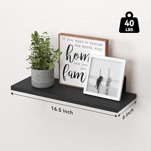 WOPITUES Wood Floating Shelves Set of 6, Shelves for Wall Decor, Farmhouse Shelf for Bedroom, Bathroom Storage Shelves, Book Shelves for Living Room-Black thumbnail 3