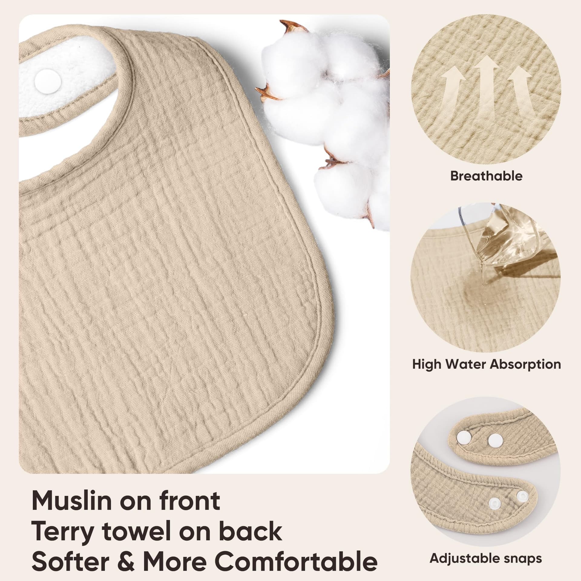 Bearmoss Muslin Baby Drooling Bibs 8 Pack, 100% Cotton Square Adjustable Bandana Bibs for Baby Girls Boys Teething Drool (Coconut Mocha) thumbnail 3