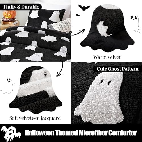 Smoofy Halloween Comforter Set Twin Size – 2-Piece Black Halloween Comforter with 3D White Ghosts, Lightweight and Fluffy Bedding Set (1 Twin Comforter + 1 Pillowcase) thumbnail 3