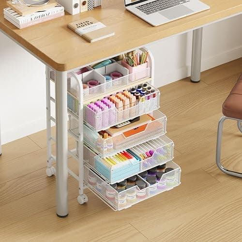 5-Tier Craft Organizer Cart with 5 Sets of DIY Dividers,Craft Organizers and Storage with Drawers,Lockable Wheels Rolling Utility Cart on Wheels,Art Supply Organizer,Ideal for Studio,Office,White thumbnail 4