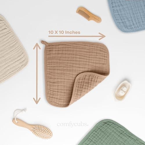 Comfy Cubs Muslin Baby Washcloths 6 Pack - Soft 6-Layer Cotton Wash Cloths for Sensitive Skin - 25 x 25 cm Large, Gentle, Absorbent Infant Essentials for Newborn and Toddlers - Multicolor thumbnail 3