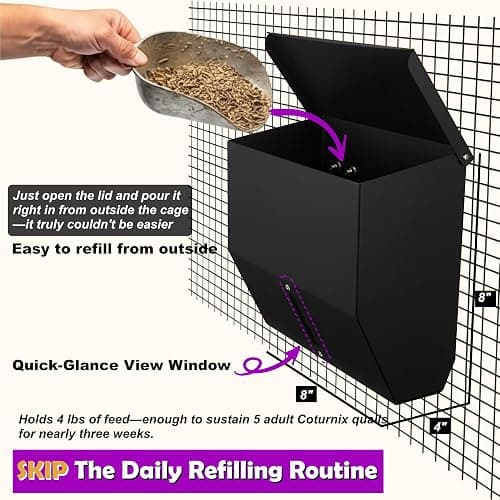 CluckRoots No Waste Quail Feeder, 3 x 1.5'' Ports for Adult Coturnix Quail | Outside-Hanging Metal Feeder for Wire Cages Hutch Pen to Save Space, No Spill No Mess for Japanese Jumbo Pharaoh Quail thumbnail 4