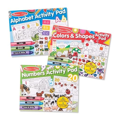 Melissa & Doug Activity Pad Bundle - Alphabet, Colors & Shapes & Numbers Sticker and Coloing Activity Books for Girls and Boys, Great Travel Toy - Image 1