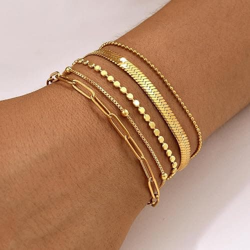 Striviio Gold Bracelets for Women, 14K Gold Plated Stackable Bracelet Stack Set Adjustable Charm Paperclip Chain Snake Link Layered Waterproof Jewelry Sets Gifts thumbnail 2