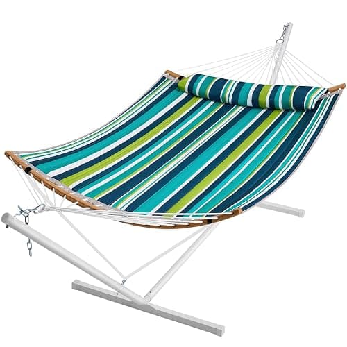 SUPERJARE Curved-Bar Hammock with Stand, 2 Person Heavy Duty Hammock Frame, Detachable Pillow & Portable Carrying Bag, Perfect for Outdoor & Indoor, Blue-Green Stripe - Image 1