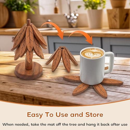 Wooden Trivets for Hot Dishes, Wooden Tree Trivet Set, Tree Coasters - of 5 + 1 Stand stored, Suited for Hots, Pans, Bowl, Teapot, Hot Holders - Multifunctional Ornaments thumbnail 7