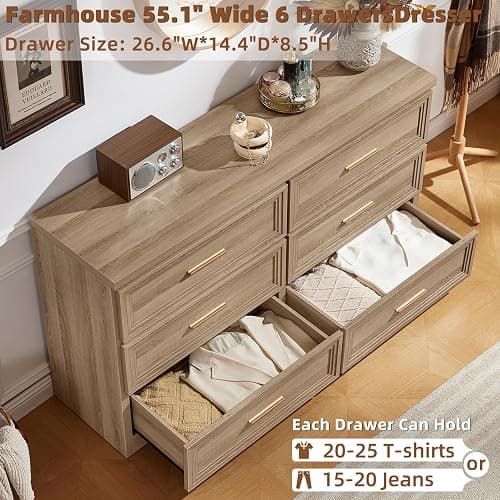 RWYHG Dresser and Nightstand Sets 2 Piece, 6-Drawer Dresser, Oak | Farmhouse Bedroom Dresser and Nightstand Set with 6-Drawer Dresser and 2-Drawer Nightstand, Metal Handles and Ample Storage thumbnail 4