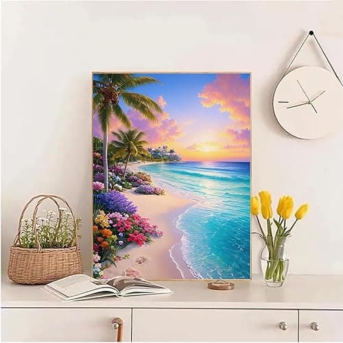 eniref Diamond Art Kits for Adults,Beach Sunset DIY 5D Round Full Drill Diamond Painting Gem Art Kits for Crafts Gift and Home Wall Decor,Flowers Coconut Trees Sea Diamond Dots Kit 12x16 Inch thumbnail 3