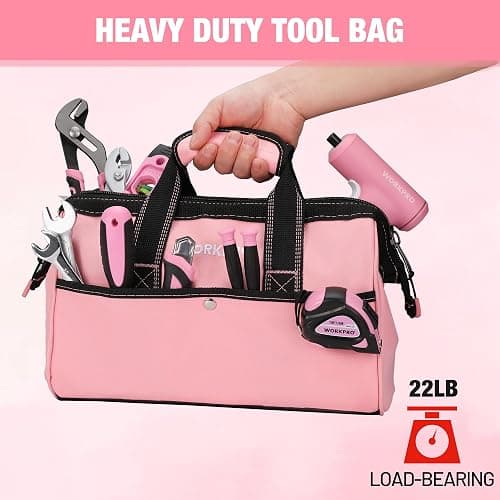 WORKPRO 13-Inch Tool Bag, Pink Soft Cloth Tool Storage Bags, Wide Mouth Tool Tote Bag with Inside Pockets - Pink Ribbon thumbnail 4