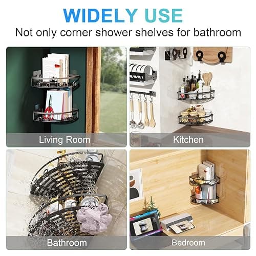 Kerisgo Corner Shower Caddy, 2 Pack Adhesive Bathroom Shower Corner Organizer Shelf, No Drilling Rustproof Wall Mounted Shower Storage Rack Shampoo Holder Organizer (Black) thumbnail 8