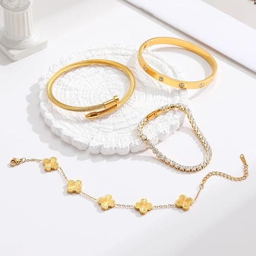 Jzrow 18K Gold Plated Bangle Bracelets Stack for Women,Four Leaf Clover Stackable Bracelets Non Tarnish,4 Pcs Jewelry sets Gifts thumbnail 5