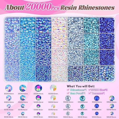 20000Pcs Blue Rhinestones for Bedazzling Kit with 3Pcs B7000 Jewelry Glue, Resin Rhinestones for Crafting Crafts，Bedazzler Kit Flatback Gems for Clothing Shoes Tumblers Nail Art thumbnail 2