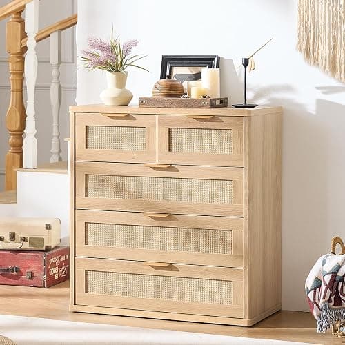 LEYAOYAO Rattan Dresser for Bedroom, 33.5" Tall Chest of Drawers, Modern 5 Drawers Boho Dressers with Storage, Light Oak Dresser Wooden Closet Organizer for Living Room, Hallway, Natural Wood thumbnail 8