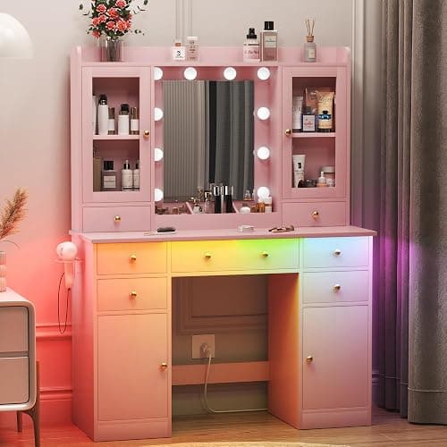 HUANLEGO Vanity Desk with Mirror and Lights, Pink Vanity Mirror with Lights Desk and Chair &7 Drawers, Cabinets Makeup Vanity Table with with Stool for Bedroom 3 Lights Mode and Brightness Adjusted - Pink - 43.7x15.6x57.3 in thumbnail 3