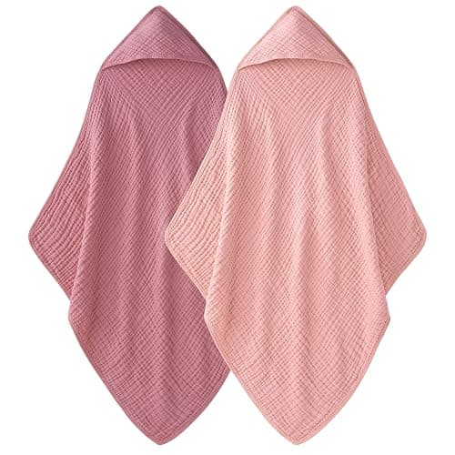 Unnivoll Hooded Baby Towels for Newborn - 2 Pack, 100% Muslin Cotton, Baby Bath Towels with Hood, Soft and Absorbent for Girls Infant, Toddler and Kids, Large 32x32 Inches, Newborn Essential - Image 1
