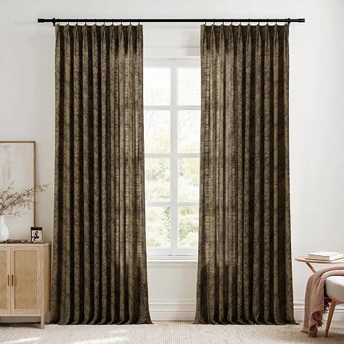 TWOPAGES Pinch Pleated Floral Curtain 90 Inch Long Light Filtering Privacy Drape Linen Textured Printed Curtain for Kitchen Bathroom (Bronze, 40W x 90L Inches, 1 Panel) - Image 1