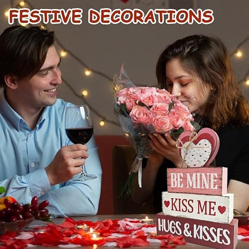 4 Pcs Valentine's Day Table Decoration, Valentine Wooden Sign Love Table Centerpiece Rustic Distressed Valentines Centerpieces Blocks Farmhouse Tiered Tray Decor for Farmhouse Holiday Tabletop thumbnail 5