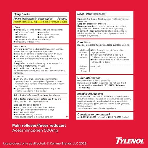 Tylenol Extra Strength Caplets, 500 mg Acetaminophen, 100 Ct | Fast & Strong Pain Relief, Fever Reducer for Adults, Gentle on Stomach, For Headaches, Backaches & Minor Arthritis thumbnail 8