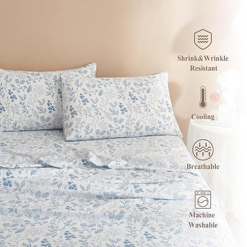 3 Piece Bed Sheets Set Twin Sheets White - Extra Soft Blue Floral Deep Pocket 16" - Luxury Soft Sheet & Pillowcase Set - Wrinkle & Shrink Resistant Cooling Sheet for Twin Size Bed thumbnail 4