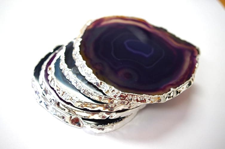 JIC Gem Silver Plated Dyed Mixed Color Agate Coasters, 5 pcs Set, 3-4", Blue, Teal, Natural, Pink, Purple, with Rubber Bumper thumbnail 4